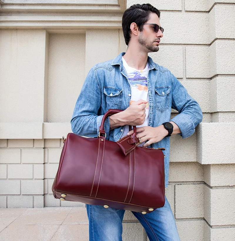 

Women Genuine leather Travel bags Red 18" large capacity cow leather travel duffel fashion luggage Weekend bag Men travel