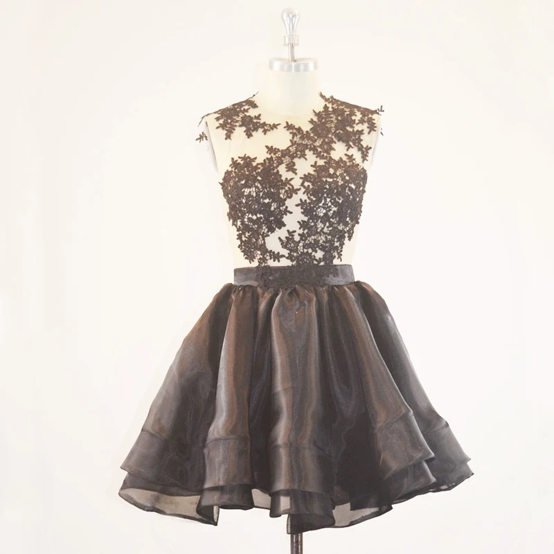 

Nude Tulle See Through Boidce Sleeveless Short Black Illusion Evening Dresses Open Back