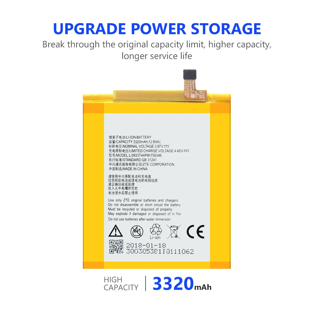 Настоящая литиевая батарея для телефона Li3933T44P8h756346, аккумуляторная батарея для zte A2017 A2018 Axon 7 Axon 7S 3320 мАч
