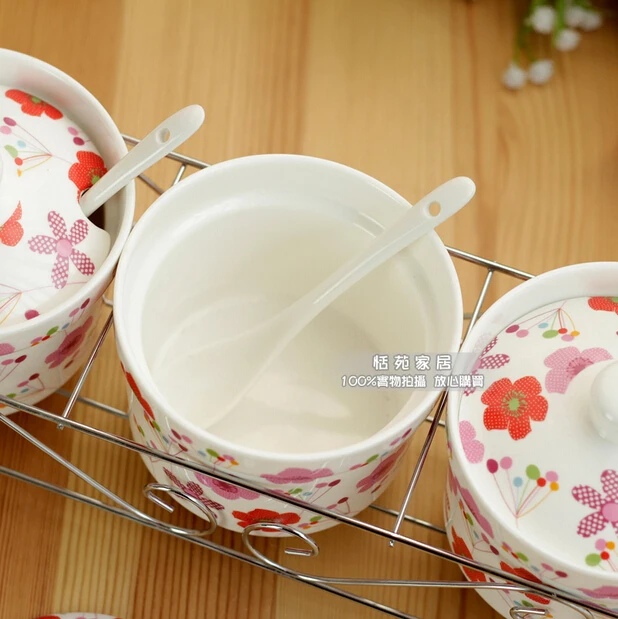 

Rustic Flower Ceramic Spice Jar Seasoning Box Salt Tank Creative Kitchen Supplies Three Pieces Set 3 Spice Jars+3 Spoons+1 Shelf