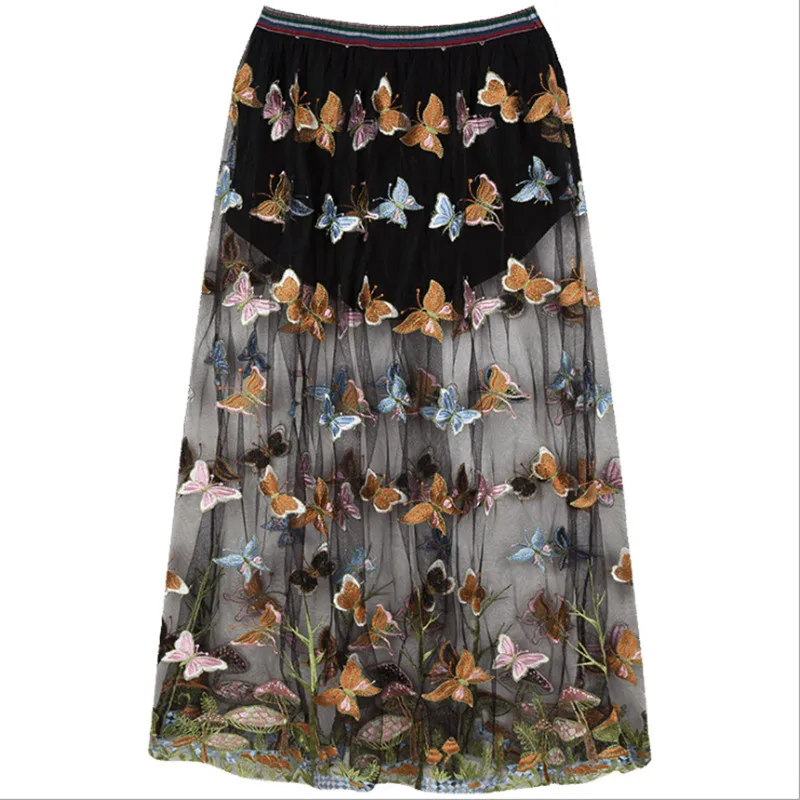 

New arrival holiday women skirts grenadine butterfly embroidered straight mid-calf nature waist hip hop shinning for ladies