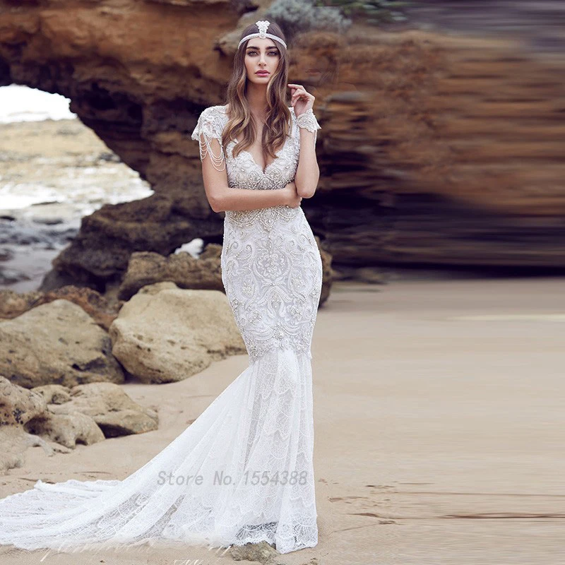 Sexy Beach Свадебное Платье Роскошные Бусы Кристалл Русалка Кружева Boho 2017 Vestido де Noiva