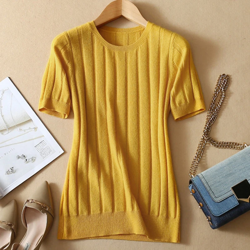 Женские шерстяные свитера с круглым вырезом и коротким рукавом на весну 2020