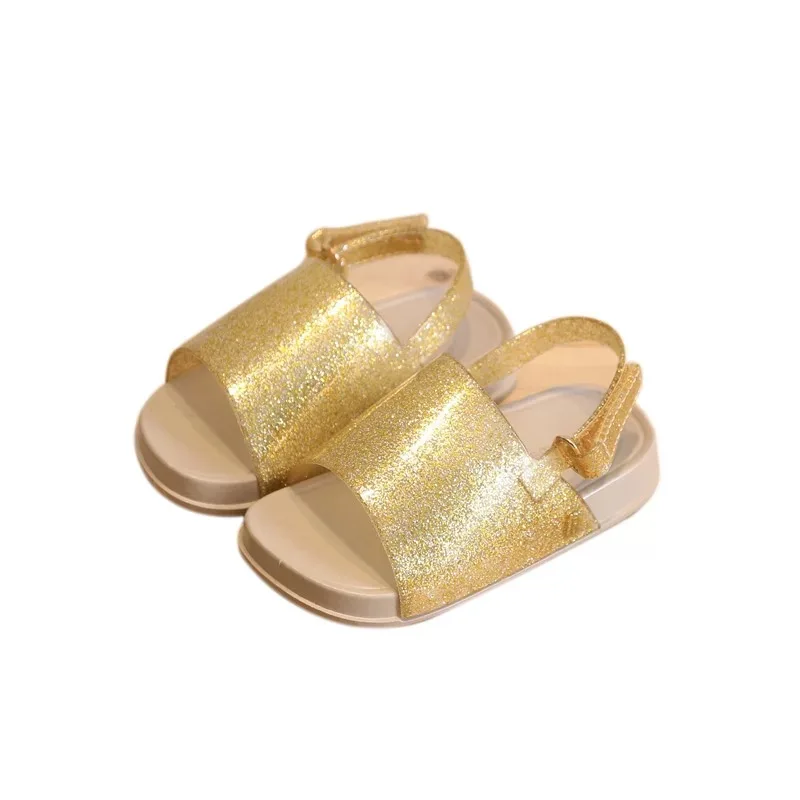 Mini Melissa/; сандалии для девочек; шикарные пляжные сандалии для маленьких девочек; детские сандалии с ремешком на щиколотке и мягкой подошвой; прозрачная обувь; 14-16,5 см - Цвет: Золотой