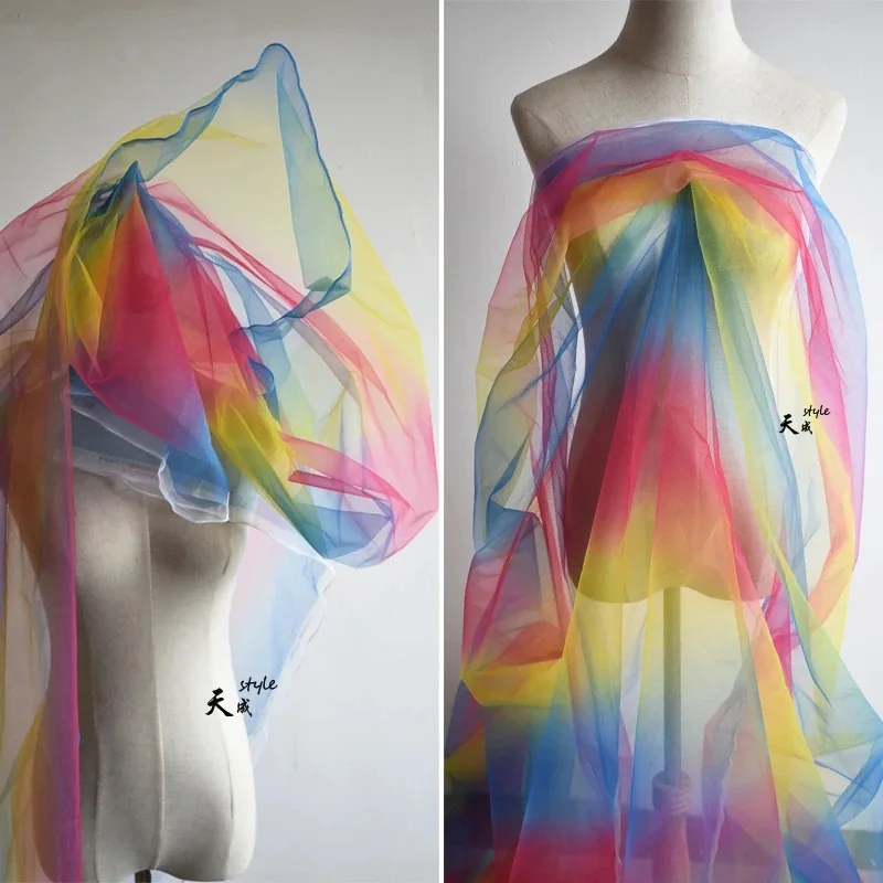 Тюлевая ткань с градиентными цветами сетчатая кружевная радужного цвета для