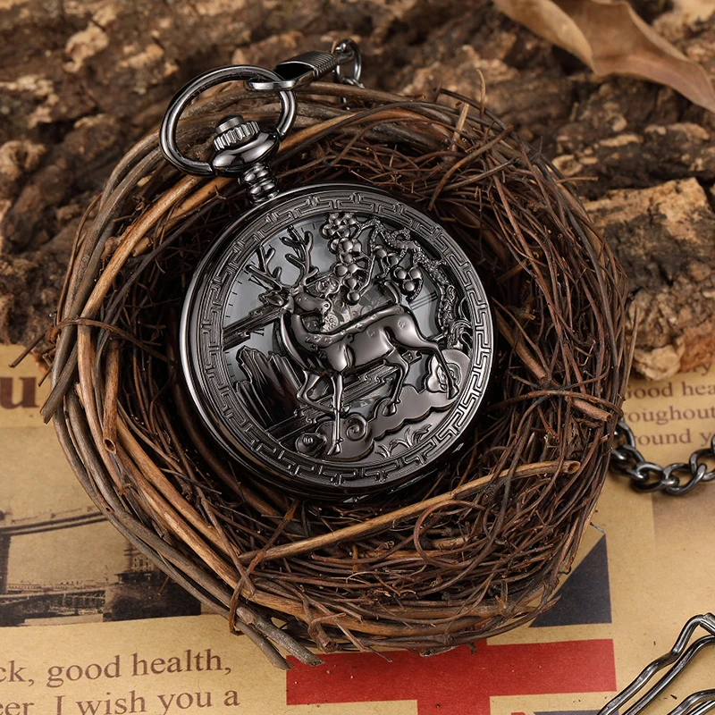 Vintage Deer Motif Hollow Hand-winding Pocket Watch Mechanical Double Cover Fob Chain Necklace Watches Steampunk Bronze Pendent | Наручные