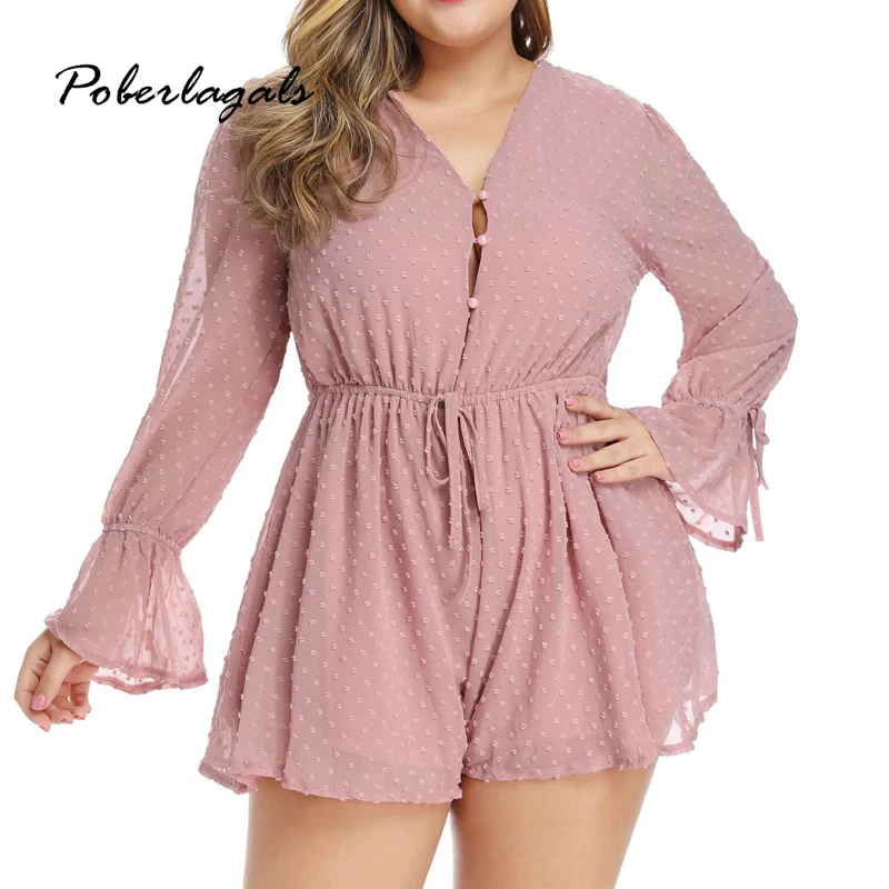 Женский комбинезон модный сексуальный с роговым длинным рукавом шифоновый v