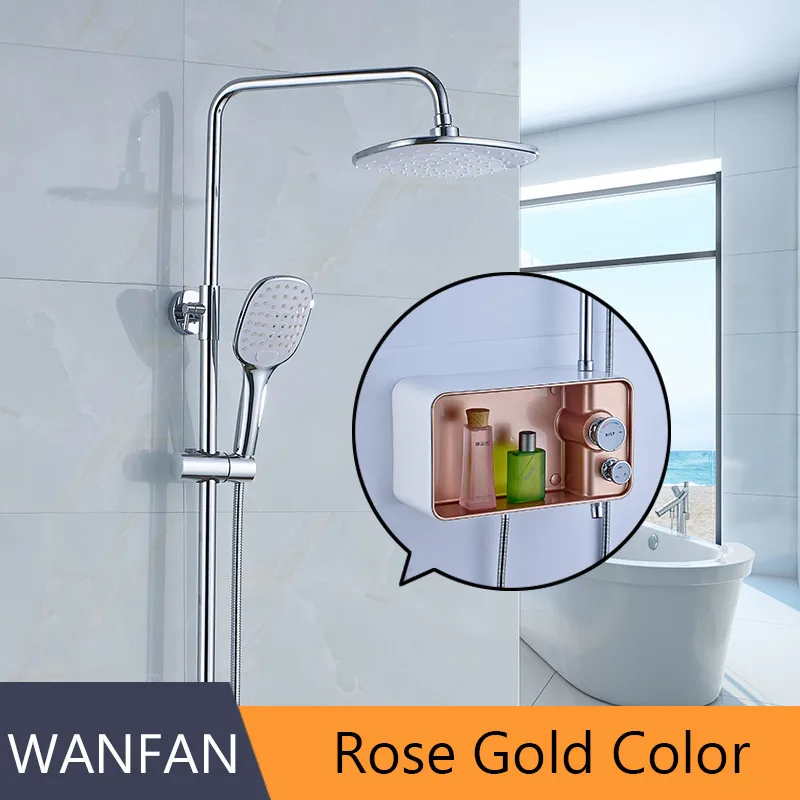 Rose Gold Смеситель для душа, латунный хромированный настенный смеситель для ванной, дождевая насадка для душа, квадратный ручной скользящий бар, смеситель для ванной комнаты, набор WF-58801 - Цвет: Rose Gold