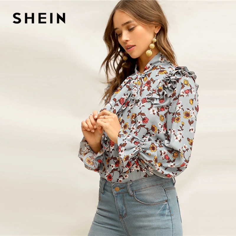 SHEIN Нарядная Блуза С Цветочным Принтом, Блуза С Воротником-Бантом И Длинным Рукавом