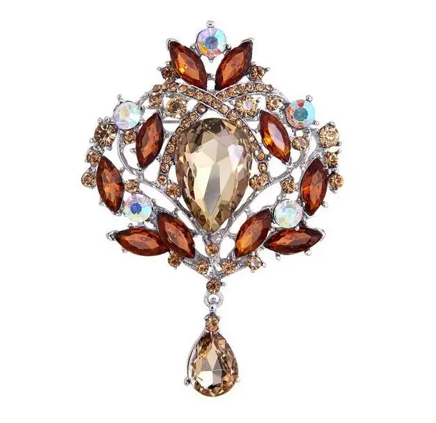 Большая Коричневая брошь с бронзовым покрытием и кристаллами в форме капли воды |