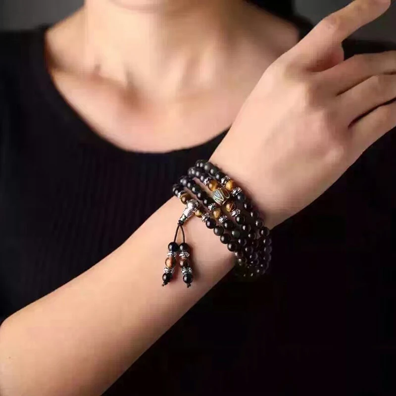 Браслеты из черного обсидиана с натуральными камнями бусины диаметром 108 дюйма