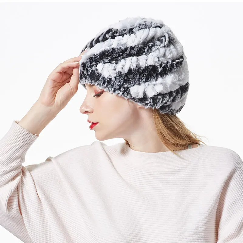Новинка, зимняя женская шапка,, настоящий мех кролика, skullies& beanies, женские вязаные шапки, зимняя шапка для женщин, толстая шапочка для девочек - Цвет: color 23