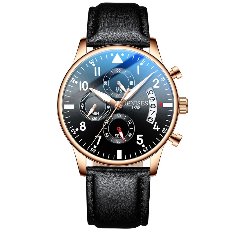 gold black leather Мужские наручные часы люксовый бренд Мужские часы Бизнес Классические кварцевые спортивные часы с хронографом для мужчин Relogio Masculino - Цвет: gold black leather