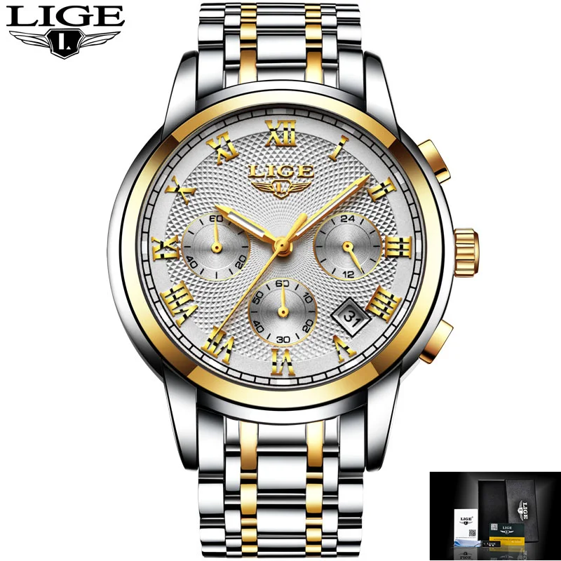 Gold white S LIGE новые часы Мужские люксовый бренд хронограф мужские спортивные часы водонепроницаемые полностью Стальные кварцевые мужские часы Relogio Masculino - Цвет: Gold white S