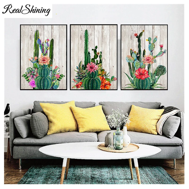 

Diamond painting cross stitch kits 3pcs canvas Art Simple Life Green Cactus Desert Plant Painting full diamond embroidery FS6406