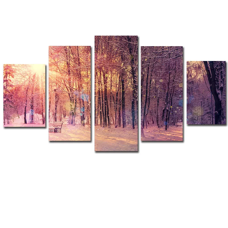 

Wall Art Pictures Home Decor Posters Unframed 5 Pieces Snow Woods Sunset Landscape Living Room HD Printed Modern Painting