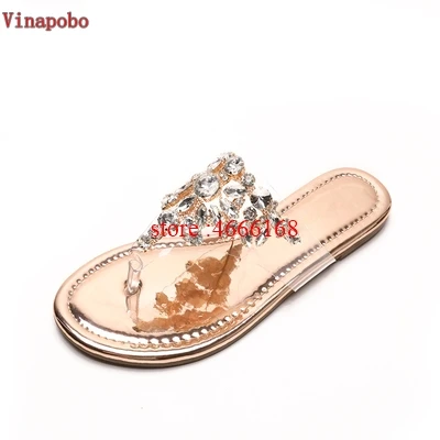 Vinapobo/модные женские шлепанцы; шикарные брендовые туфли; повседневная обувь на плоской подошве; шлепанцы без застежки; пляжные вьетнамки; сандалии со стразами - Цвет: Зеленый