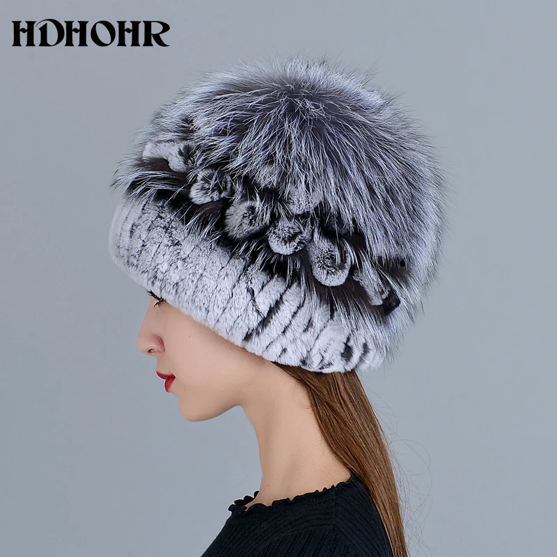 HDHOHR Лидер продаж зима Настоящее меховая шапка Для женщин из натурального кроличьего меха шапка с Серебряными Лисий Мех вязаные шапочки модные женские туфли с мехом кепки