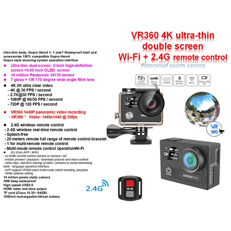Оригинальный H8R H8 со сверхвысоким разрешением Ultra HD 4 K WI-FI 14MP экшн Камера 1080 p 60fps
