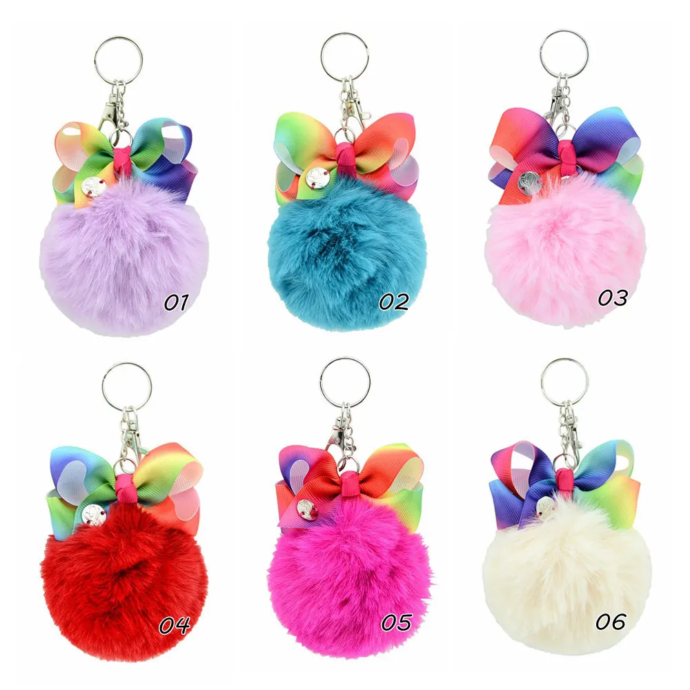 

1piece Fur Ball With Grosgrain Ribbon Rainbow Print Bow Keychain Keyring Kids Gift For Little Girls 886