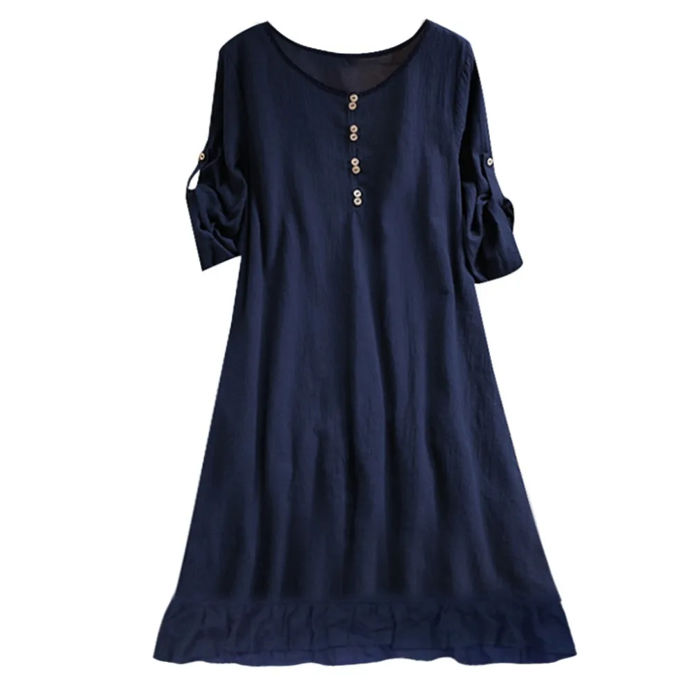 Женское свободное платье с круглым вырезом повседневное однотонное винтажное