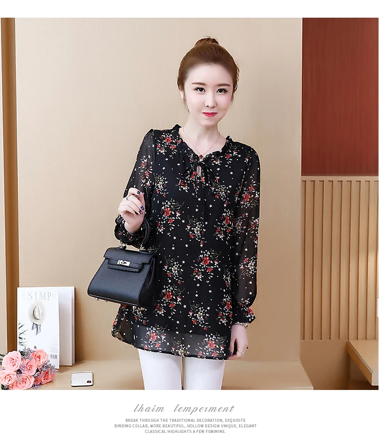 Blusas Mujer De Moda, кимоно, повседневная Цветочная шифоновая блузка, женские рубашки размера плюс 5XL, винтажный Топ с длинным рукавом, сорочка для женщин