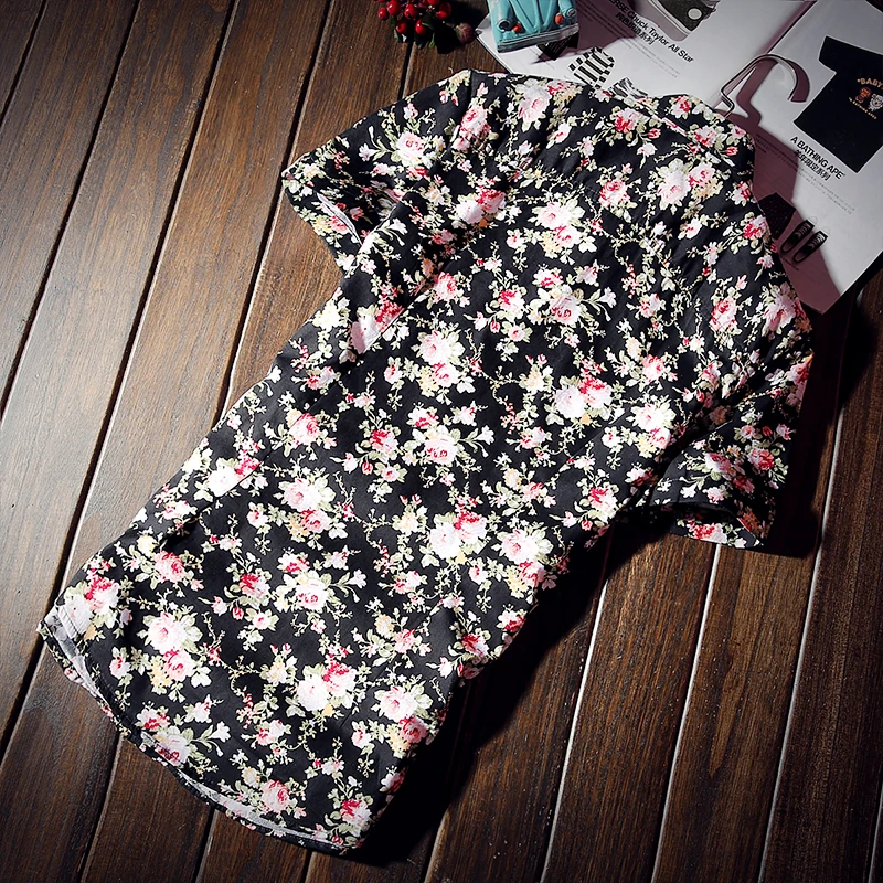 Мужская приталенная рубашка с коротким рукавом цветочным принтом | одежда