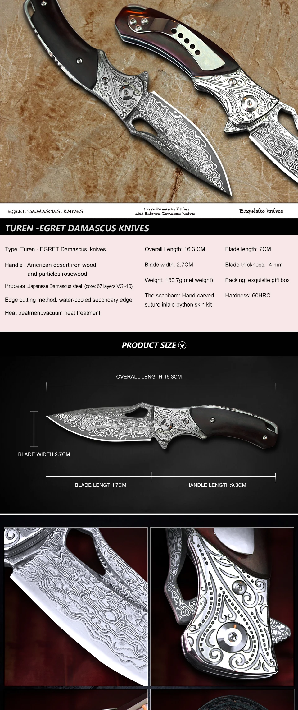 TUREN-дамасский стальной складной нож, титановый сплав, деревянная ручка, инструменты для улицы, EDC, охотничьи карманные ножи, мозаичная оболочка питона