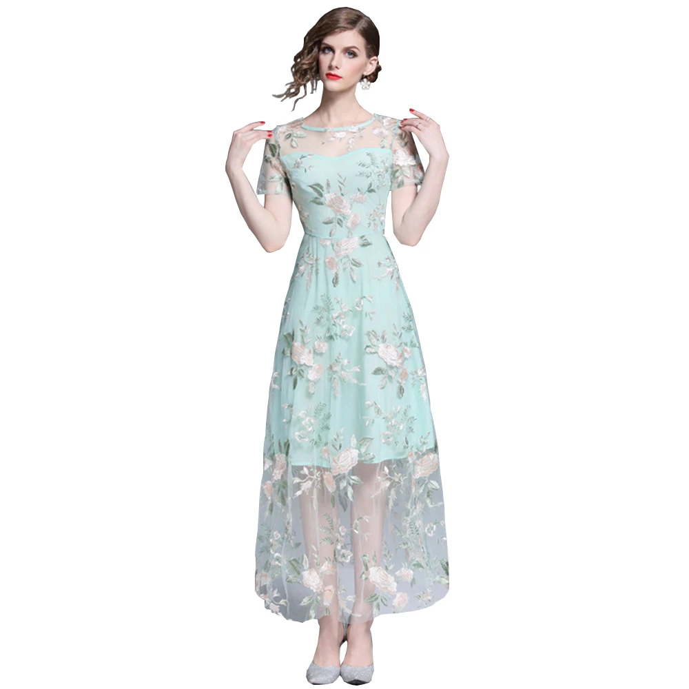 Платье женское длинное ТРАПЕЦИЕВИДНОЕ с круглым вырезом и цветочной