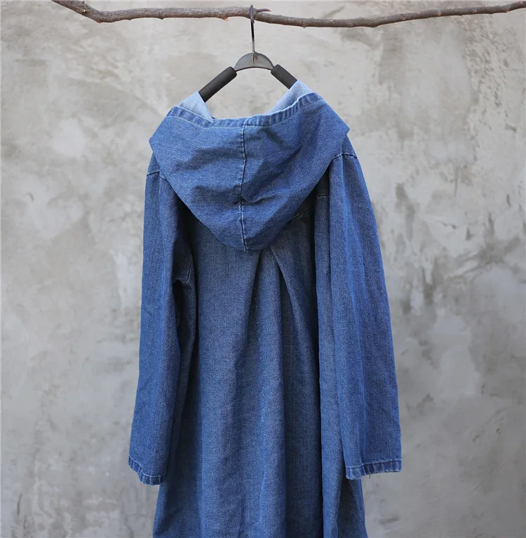 

ORIGOODS Blue Denim Hooded Long Coat Women Spring Autumn Winter Vintage Trench Coat Long Outwear Women Witch Robe Femme D039