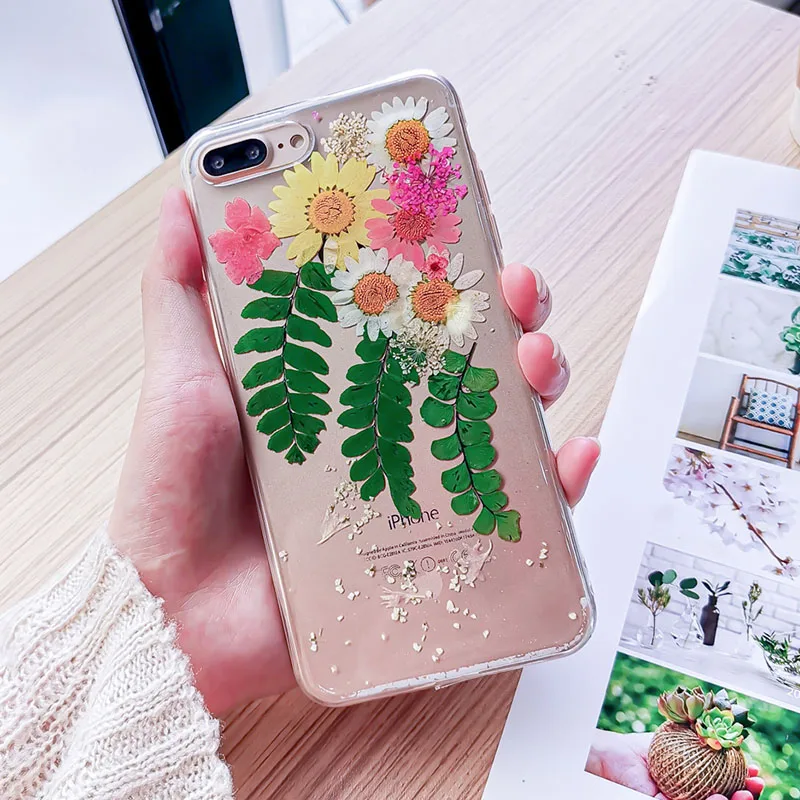 Настоящие цветы сухоцветы Мягкие TPU чехол для iPhone X XS XR XS Max 6 6 S 7 8 плюс Прозрачный Bling Красивая задняя крышка