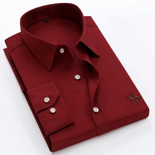wine red Новое поступление, одноцветные популярные дизайнерские мужские рубашки с длинным рукавом, чистый хлопок, высокое качество, формальные мужские рубашки с вышивкой - Цвет: wine red