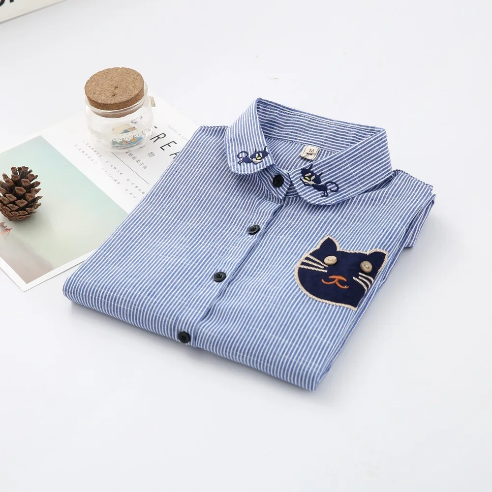 Фото Spring New Collection Cotton Blouse Long Sleeve Striped Shirt With Cat Embroidered Женская одежда Spring New Collection Cotton Blouse Long Sleeve Striped Shirt With Cat Embroidered Женская одежда