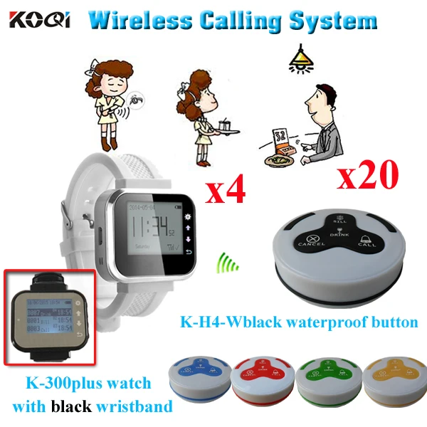 

Wireless Transmission System Electronic Durable Watch K-300plus Newest Table Button K-H4-W(4pcs watch pager + 20pcs call bell )
