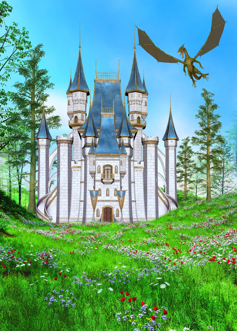DePhoto Fairy Tale Castle Garden Dragon Newborn Birthday Party Photography Backdrops Vinyl Baby Photo Background Studio Backdrop |