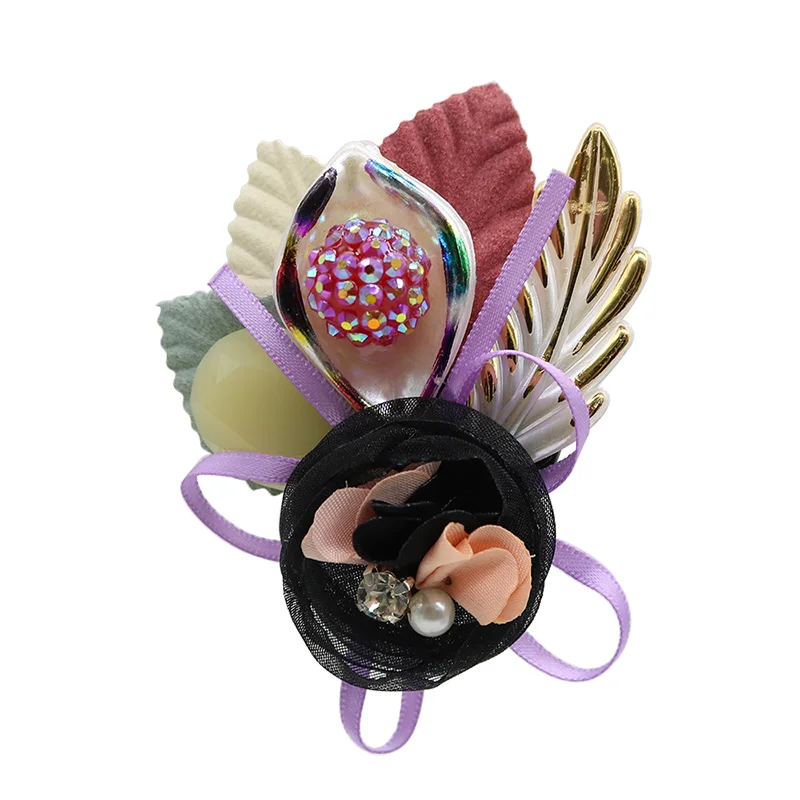 Fashion handmade fabric flower brooch acrylic Leather bottom brooches woman jewelry bride wedding corsage clothes accessories