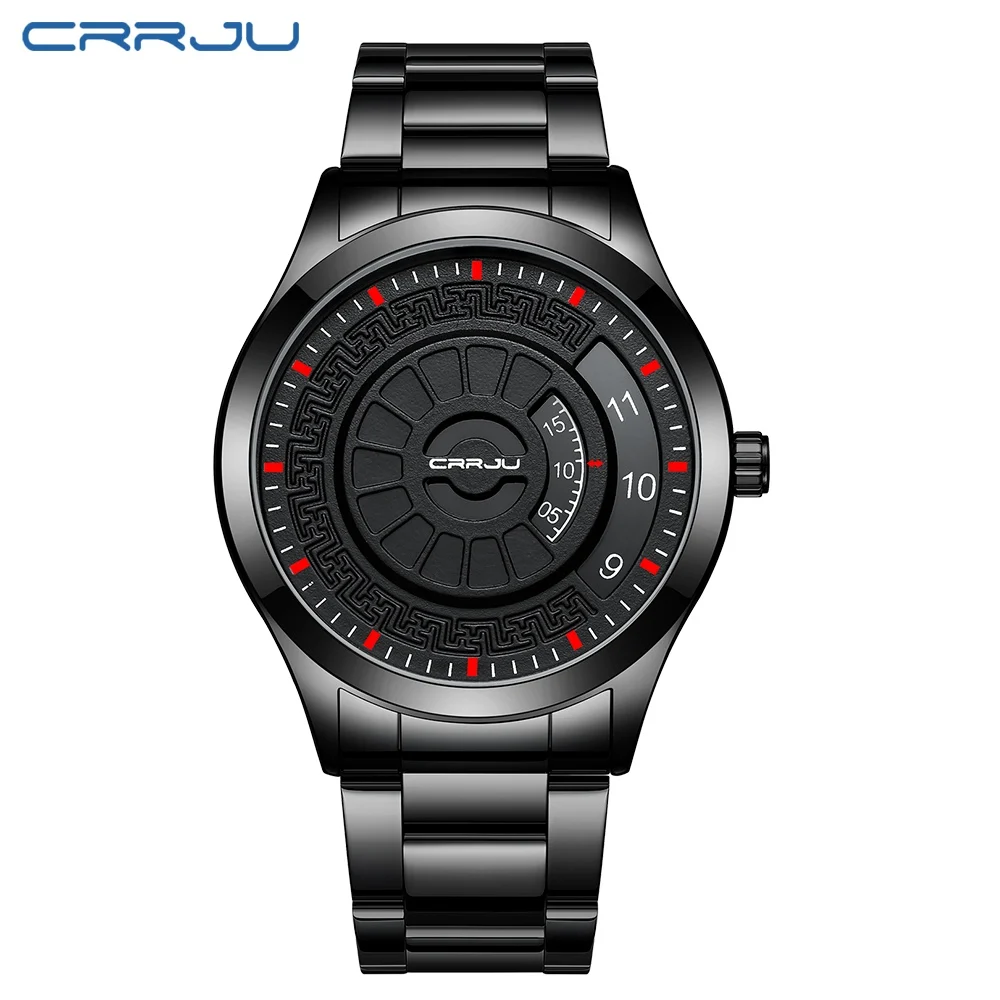 black CRRJU модные мужские часы Топ люксовый бренд Уникальный стиль часы Мужские кварцевые часы водонепроницаемые большой циферблат спортивные часы Ретро Relogio - Цвет: black