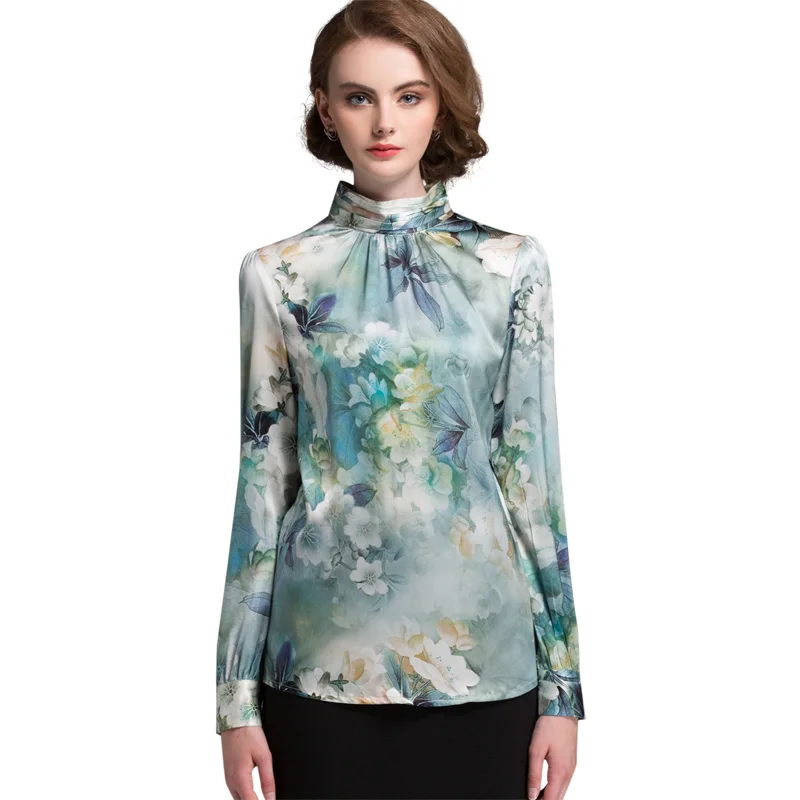 Женская шелковая рубашка 94% натуральный шелк 6% спандекс стоячий воротник