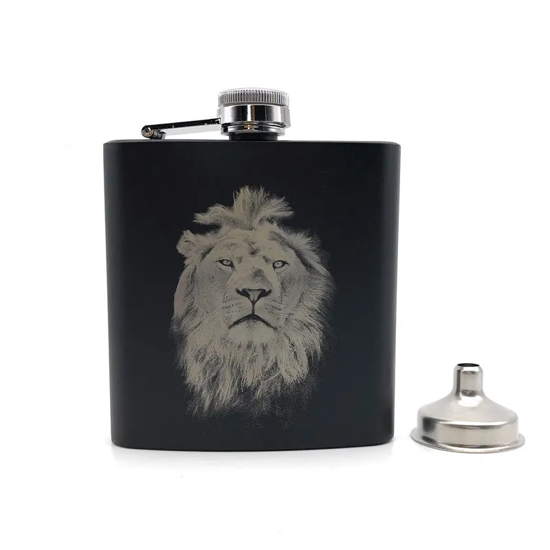 Lion Черная фляжка King Lion 6 унций из нержавеющей стали, именная фляжка для спирта, ром, ликера, лазерная гравировка, Лев с одной воронкой - Цвет: Lion