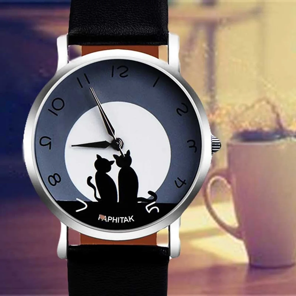 Для мужчин женщин с милым рисунком кота аналоговые кварцевые арабскими цифрами