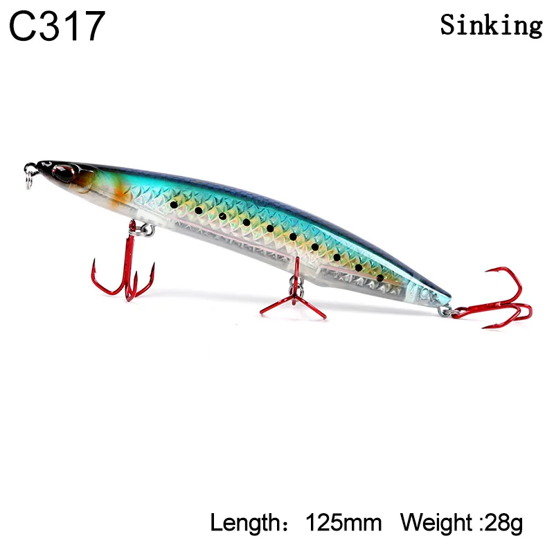 Kingdom Sea Fishing карандашные приманки 125 мм 100 мм плавающие и тонущие жесткие приманки с VMC крючками для ловли басов модель наживки 3511 - Цвет: 3511-125mm-28g-C317
