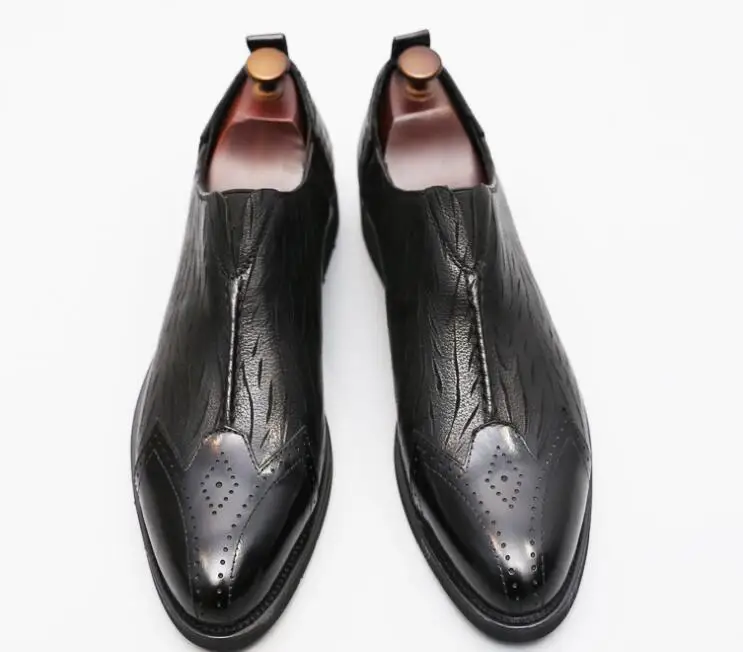 Genuine leather black dress shoes men slip on smart casual height increasing med heel summer pointed toes carved brogue | Обувь