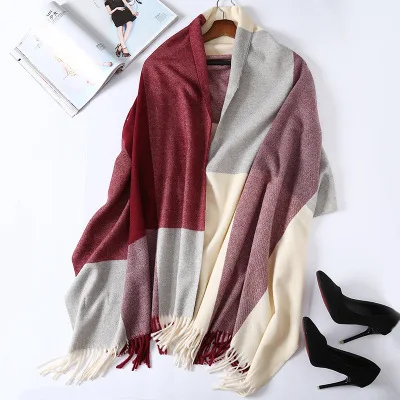 Red Beige Plaid Новинка, настоящий кашемировый шарф, палантин, Клетчатые Шерстяные шарфы для женщин, зимние теплые женские пончо, накидка, модные женские 100 пашмины шали - Цвет: Red Beige Plaid