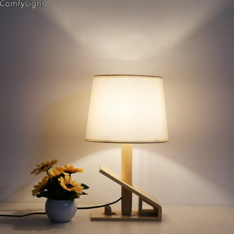 

Table Lamp Wooden Bedside Fabric Lampshade Desk Light Deco Luminaria For Living Room kids Read night Lighting E27 Switch on off