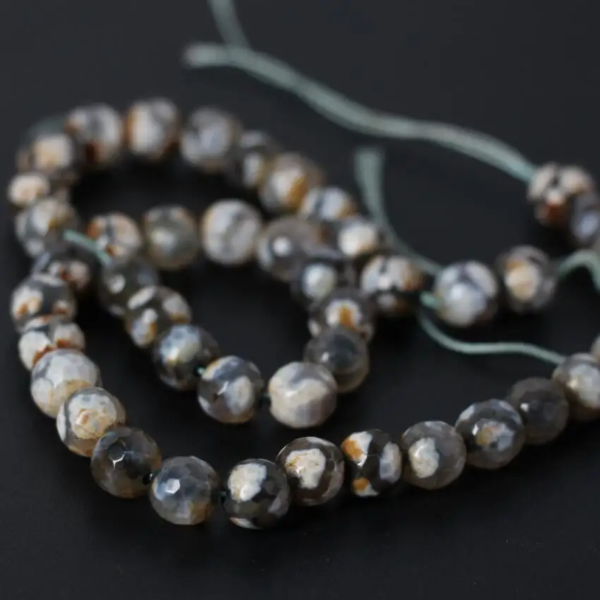 

3Strands/Lot Wholesale 8mm White&Brown Football Stripe Old Tibetan Dzi Onxy Faceted Round Loose Beads,DIY Jewelry Making