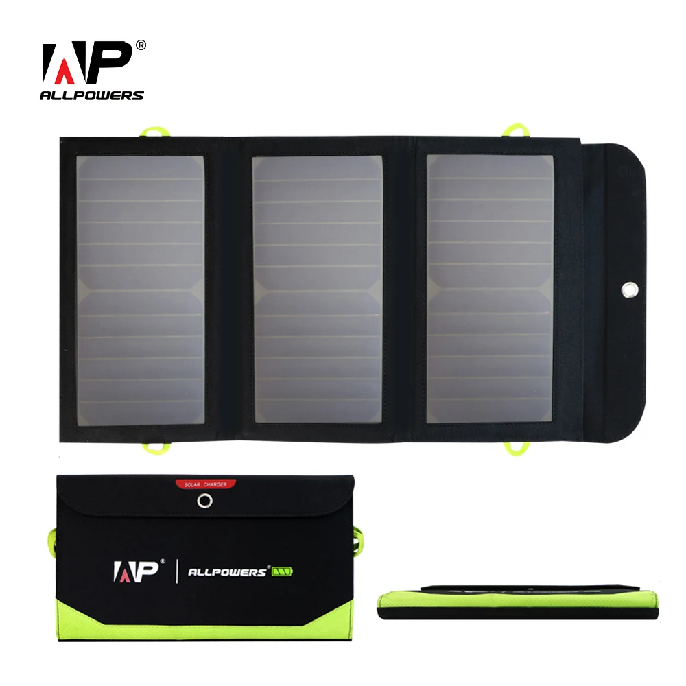 Переносное солнечное зарядное устройство ALLPOWERS с USB Type-C 5V 21W и аккумулятором на 10000 мАч для путешествий и разворачивания на кемпинге для iPhone, iPad, Xiaomi и других устройств.