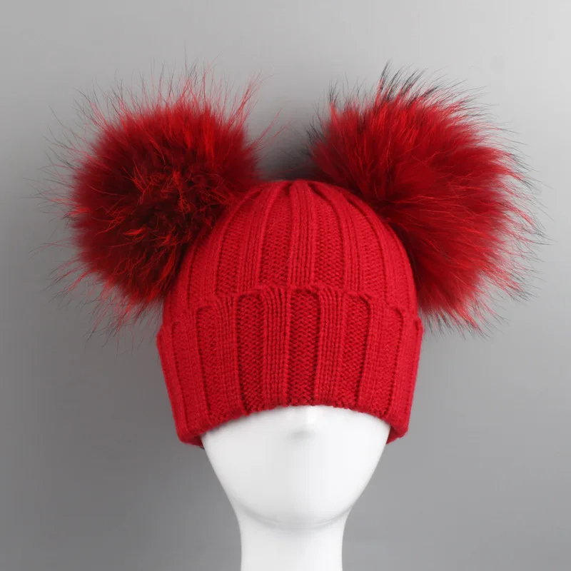 Детская акрил Skullies шапочки енота Мех животных pom Шапки зима ребенок натуральная