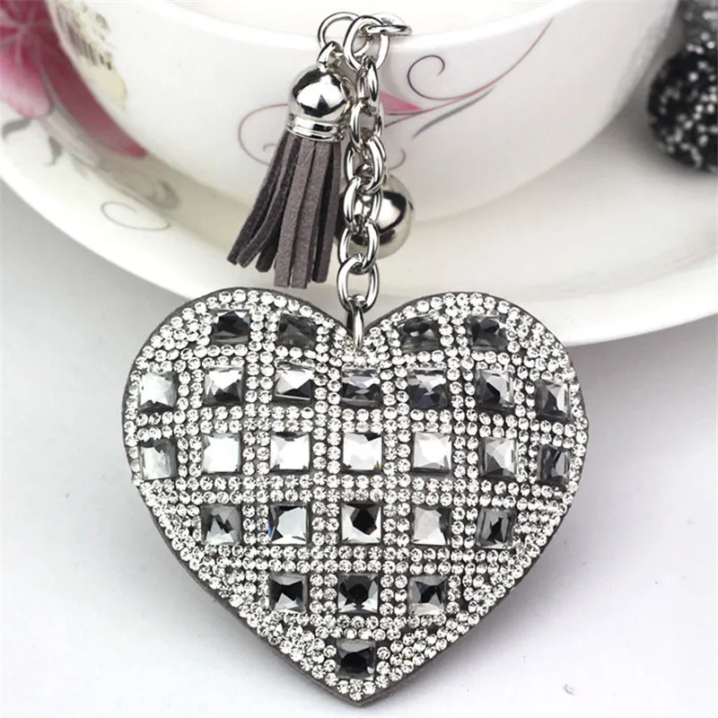 12 Fashion Keychain Heart Shape Female Full Glass Beads Key Covers Mosaic Leather Fringed Key Chain Car Ring Cap Gift - Color: 12