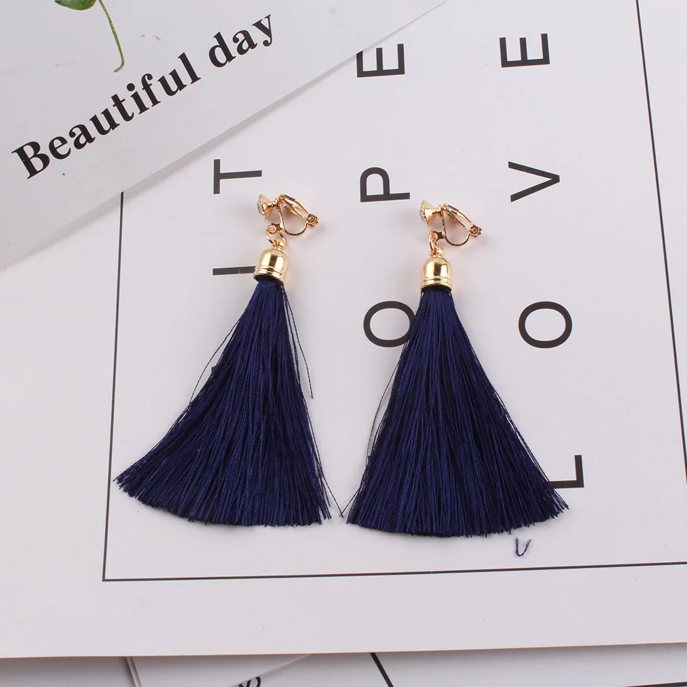 Navy blue Кисти из волокна, клипсы для женщин, 17 цветов, свадебные, богемные, свадебные, без пирсинга, модные, свадебные ювелирные изделия, вечерние клипсы для ушей - Окраска металла: Navy blue