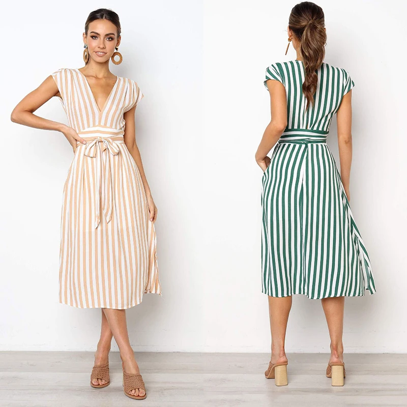 Женское платье-рубашка в полоску с поясом и V-образным вырезом | Женская одежда